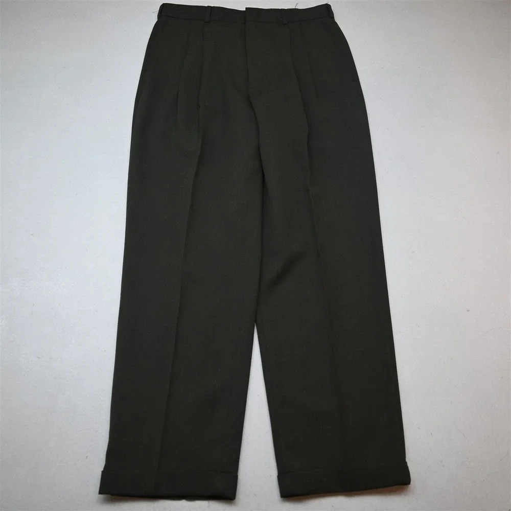 Vtg Y2K 2000s 33x32 Green Wool Original Fit Pleated Cuffed Baggy Dress Pants